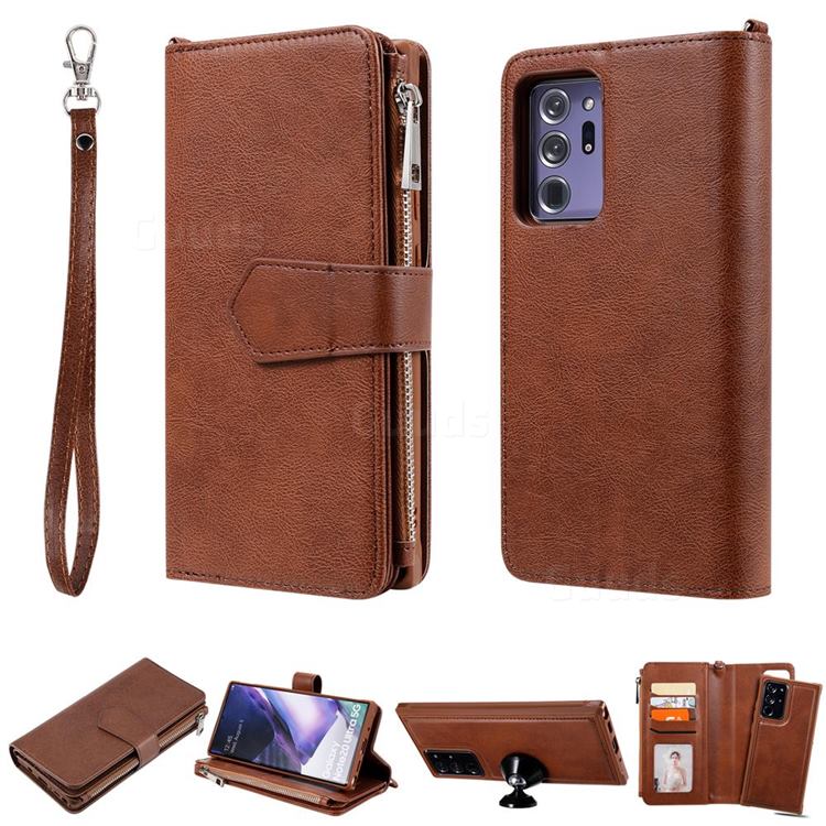 Retro Luxury Multifunction Zipper Leather Phone Wallet for Samsung Galaxy Note 20 Ultra - Brown