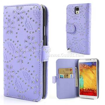 Glittery Powder Flower Leather Wallet Case for Samsung Galaxy Note 3 N9000 N9002 N9005 - Purple