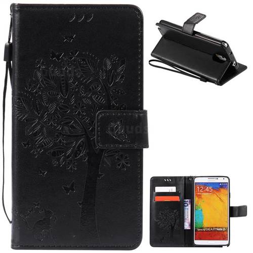 Embossing Butterfly Tree Leather Wallet Case for Samsung Galaxy Note 3 - Black