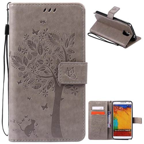 Embossing Butterfly Tree Leather Wallet Case for Samsung Galaxy Note 3 - Grey
