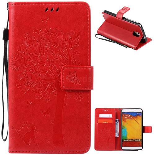 Embossing Butterfly Tree Leather Wallet Case for Samsung Galaxy Note 3 - Red
