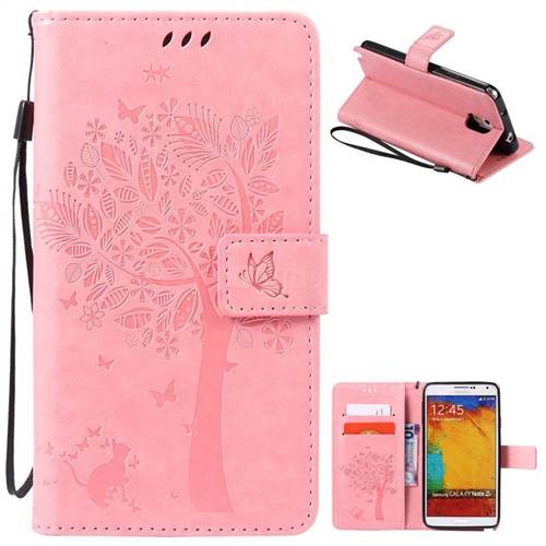 Embossing Butterfly Tree Leather Wallet Case for Samsung Galaxy Note 3 - Pink
