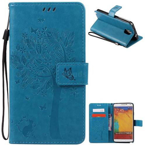 Embossing Butterfly Tree Leather Wallet Case for Samsung Galaxy Note 3 - Blue