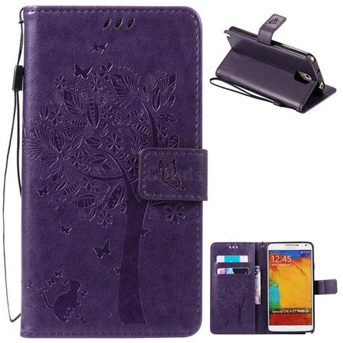 Embossing Butterfly Tree Leather Wallet Case for Samsung Galaxy Note 3 - Purple