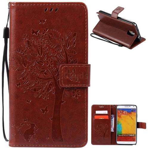 Embossing Butterfly Tree Leather Wallet Case for Samsung Galaxy Note 3 - Brown