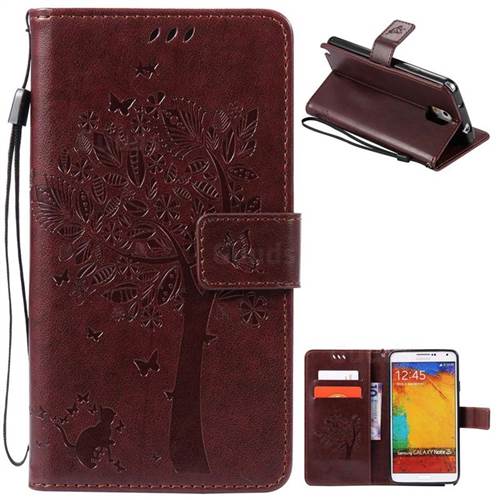 Embossing Butterfly Tree Leather Wallet Case for Samsung Galaxy Note 3 - Coffee