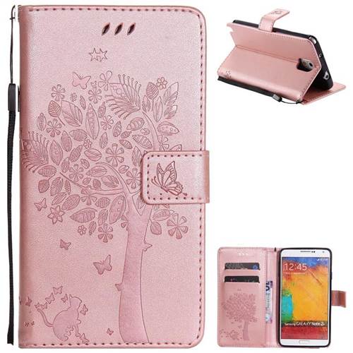 Embossing Butterfly Tree Leather Wallet Case for Samsung Galaxy Note 3 N900 - Rose Pink