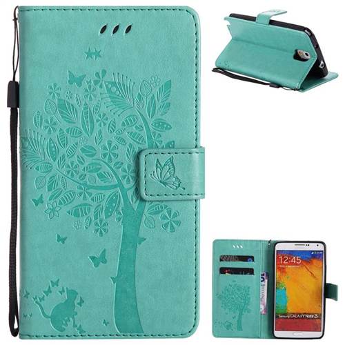 Embossing Butterfly Tree Leather Wallet Case for Samsung Galaxy Note 3 N900 - Cyan