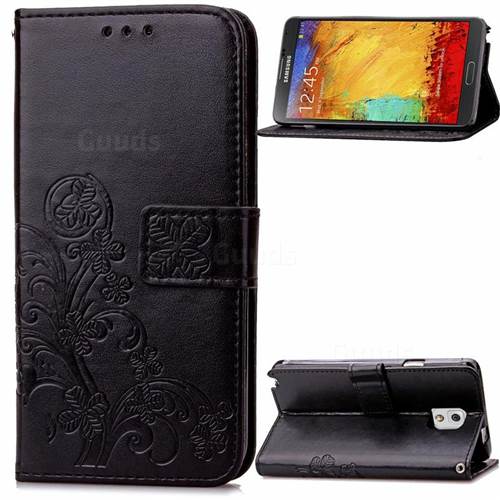 Embossing Imprint Four-Leaf Clover Leather Wallet Case for Samsung Galaxy Note 3 - Black