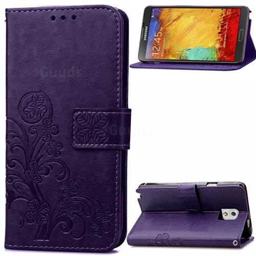 Embossing Imprint Four-Leaf Clover Leather Wallet Case for Samsung Galaxy Note 3 - Purple