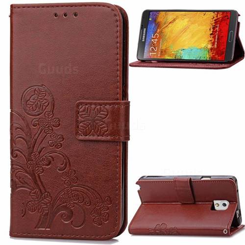 Embossing Imprint Four-Leaf Clover Leather Wallet Case for Samsung Galaxy Note 3 - Brown