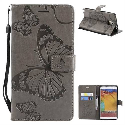 Embossing 3D Butterfly Leather Wallet Case for Samsung Galaxy Note 3 N900 - Gray