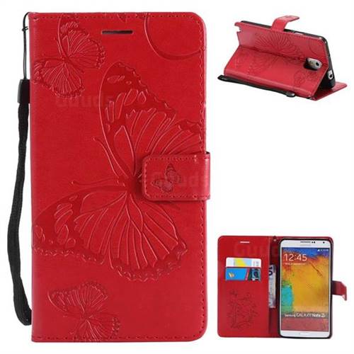 Embossing 3D Butterfly Leather Wallet Case for Samsung Galaxy Note 3 N900 - Red