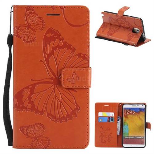 Embossing 3D Butterfly Leather Wallet Case for Samsung Galaxy Note 3 N900 - Orange
