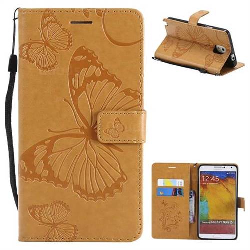Embossing 3D Butterfly Leather Wallet Case for Samsung Galaxy Note 3 N900 - Yellow
