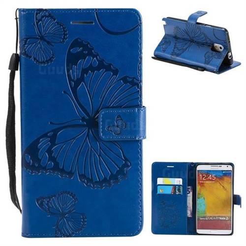 Embossing 3D Butterfly Leather Wallet Case for Samsung Galaxy Note 3 N900 - Blue