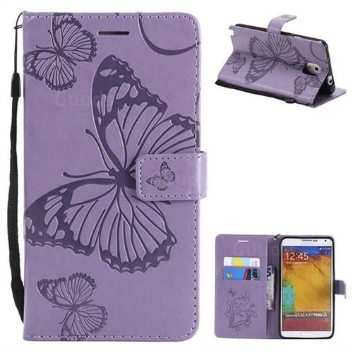 Embossing 3D Butterfly Leather Wallet Case for Samsung Galaxy Note 3 N900 - Purple