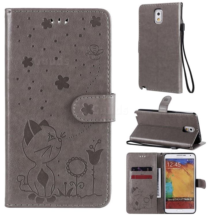 Embossing Bee and Cat Leather Wallet Case for Samsung Galaxy Note 3 N900 - Gray