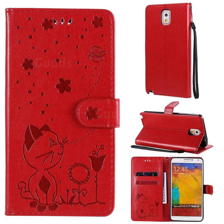 Embossing Bee and Cat Leather Wallet Case for Samsung Galaxy Note 3 N900 - Red