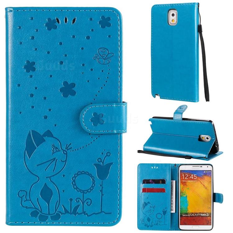 Embossing Bee and Cat Leather Wallet Case for Samsung Galaxy Note 3 N900 - Blue