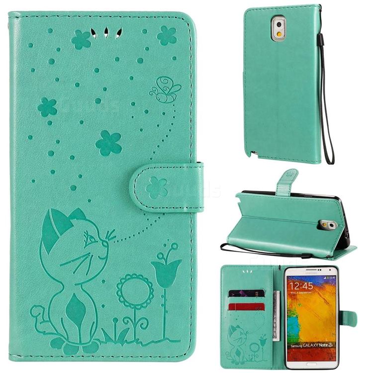 Embossing Bee and Cat Leather Wallet Case for Samsung Galaxy Note 3 N900 - Green