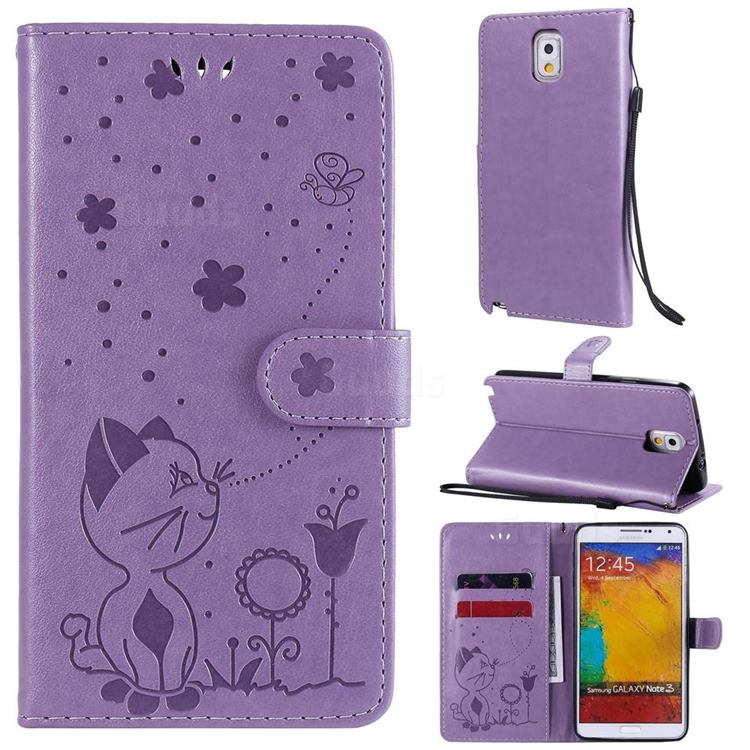 Embossing Bee and Cat Leather Wallet Case for Samsung Galaxy Note 3 N900 - Purple
