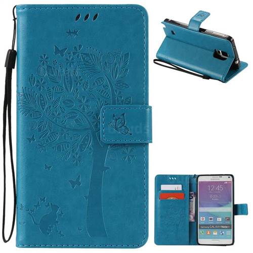 Embossing Butterfly Tree Leather Wallet Case for Samsung Galaxy Note 4 N910 - Blue
