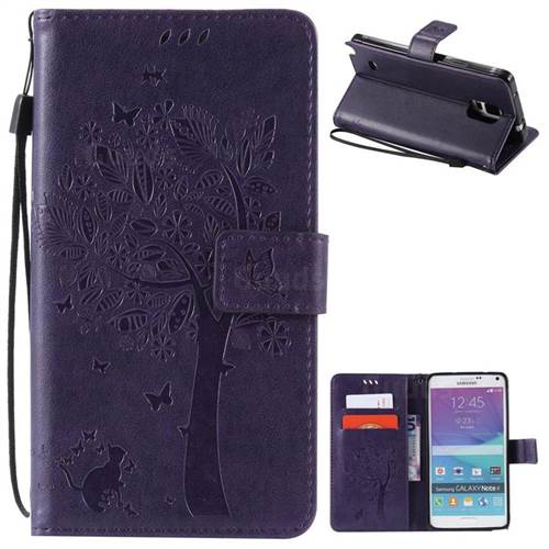 Embossing Butterfly Tree Leather Wallet Case for Samsung Galaxy Note 4 N910 - Purple