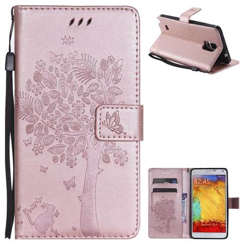 Embossing Butterfly Tree Leather Wallet Case for Samsung Galaxy Note4 - Rose Pink