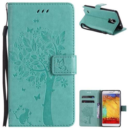 Embossing Butterfly Tree Leather Wallet Case for Samsung Galaxy Note4 - Cyan