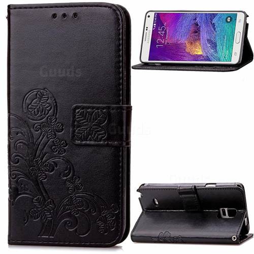 Embossing Imprint Four-Leaf Clover Leather Wallet Case for Samsung Galaxy Note 4 - Black