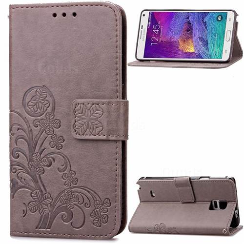 Embossing Imprint Four-Leaf Clover Leather Wallet Case for Samsung Galaxy Note 4 - Gray