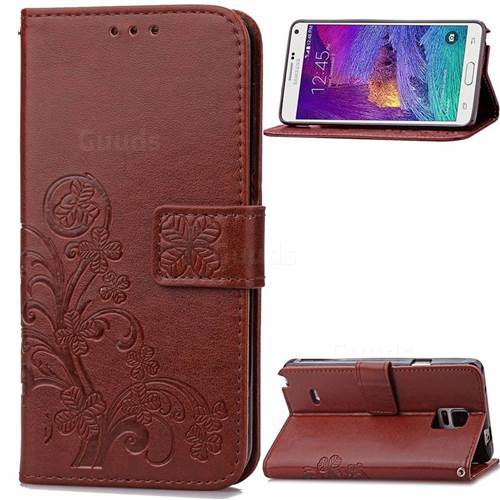 Embossing Imprint Four-Leaf Clover Leather Wallet Case for Samsung Galaxy Note 4 - Brown