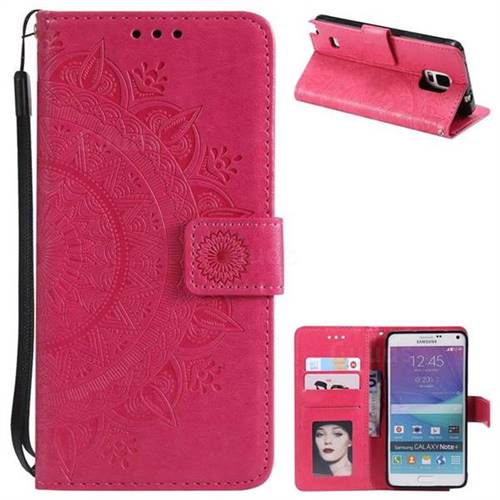 Intricate Embossing Datura Leather Wallet Case for Samsung Galaxy Note 4 - Rose Red