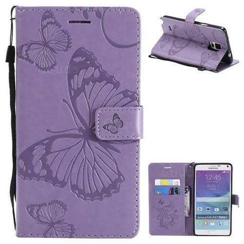 Embossing 3D Butterfly Leather Wallet Case for Samsung Galaxy Note 4 - Purple