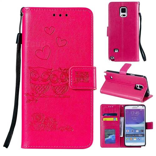 Embossing Owl Couple Flower Leather Wallet Case for Samsung Galaxy Note 4 - Red