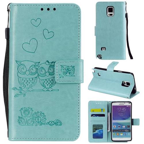 Embossing Owl Couple Flower Leather Wallet Case for Samsung Galaxy Note 4 - Green