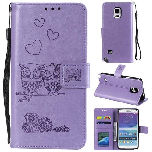 Embossing Owl Couple Flower Leather Wallet Case for Samsung Galaxy Note 4 - Purple