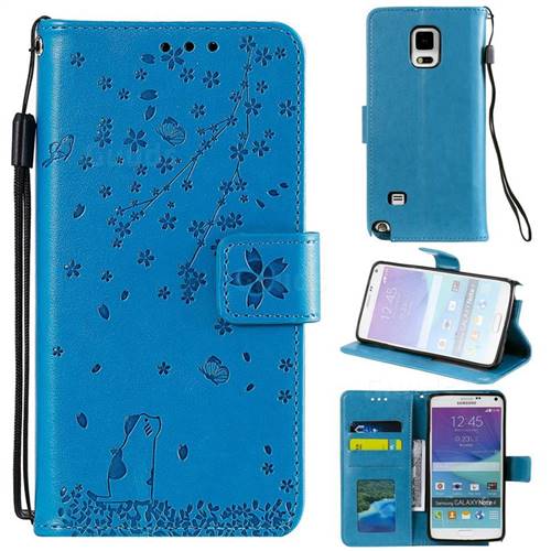 Embossing Cherry Blossom Cat Leather Wallet Case for Samsung Galaxy Note 4 - Blue