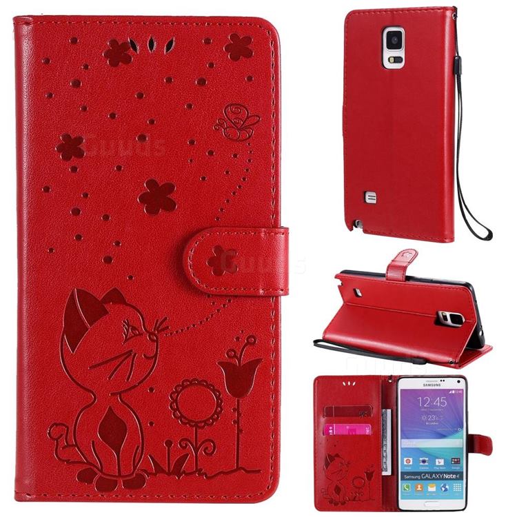 Embossing Bee and Cat Leather Wallet Case for Samsung Galaxy Note 4 - Red