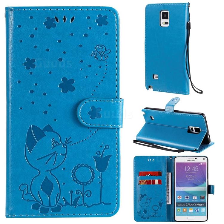 Embossing Bee and Cat Leather Wallet Case for Samsung Galaxy Note 4 - Blue