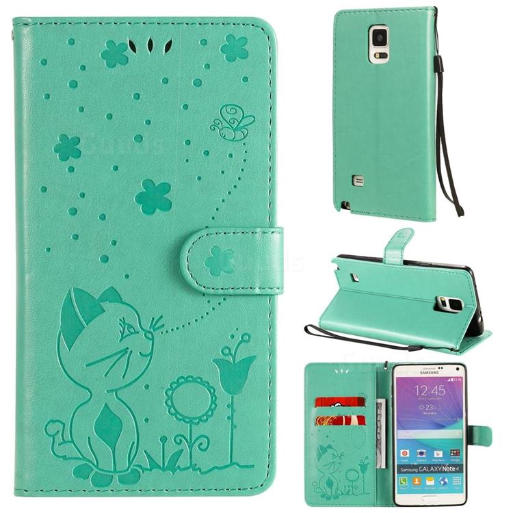 Embossing Bee and Cat Leather Wallet Case for Samsung Galaxy Note 4 - Green