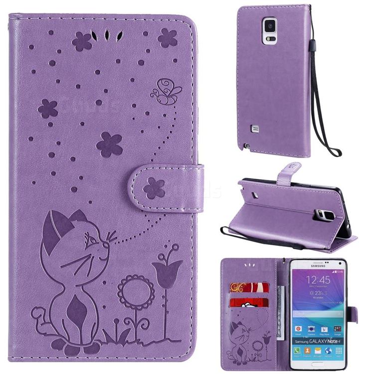 Embossing Bee and Cat Leather Wallet Case for Samsung Galaxy Note 4 - Purple