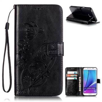 Embossing Butterfly Flower Leather Wallet Case for Samsung Galaxy Note 5 - Black