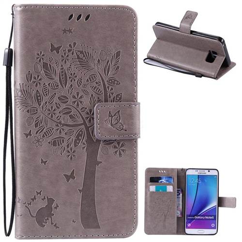 Embossing Butterfly Tree Leather Wallet Case for Samsung Galaxy Note 5 N920 - Grey