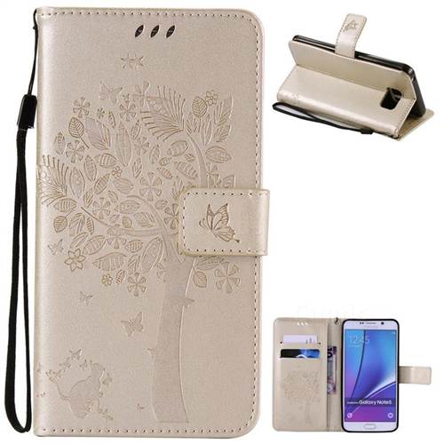 Embossing Butterfly Tree Leather Wallet Case for Samsung Galaxy Note 5 N920 - Champagne