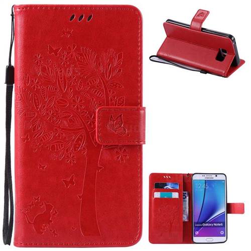 Embossing Butterfly Tree Leather Wallet Case for Samsung Galaxy Note 5 N920 - Red