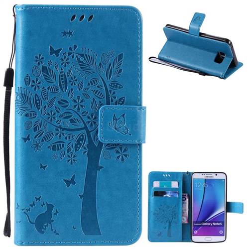 Embossing Butterfly Tree Leather Wallet Case for Samsung Galaxy Note 5 N920 - Blue