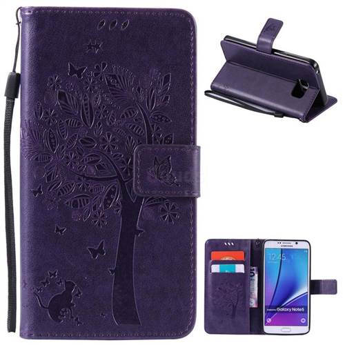Embossing Butterfly Tree Leather Wallet Case for Samsung Galaxy Note 5 N920 - Purple