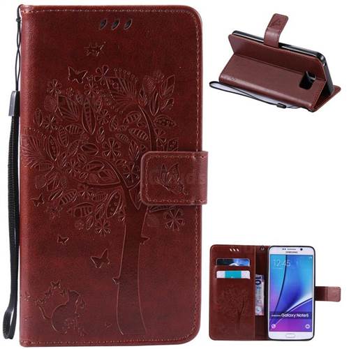 Embossing Butterfly Tree Leather Wallet Case for Samsung Galaxy Note 5 N920 - Brown
